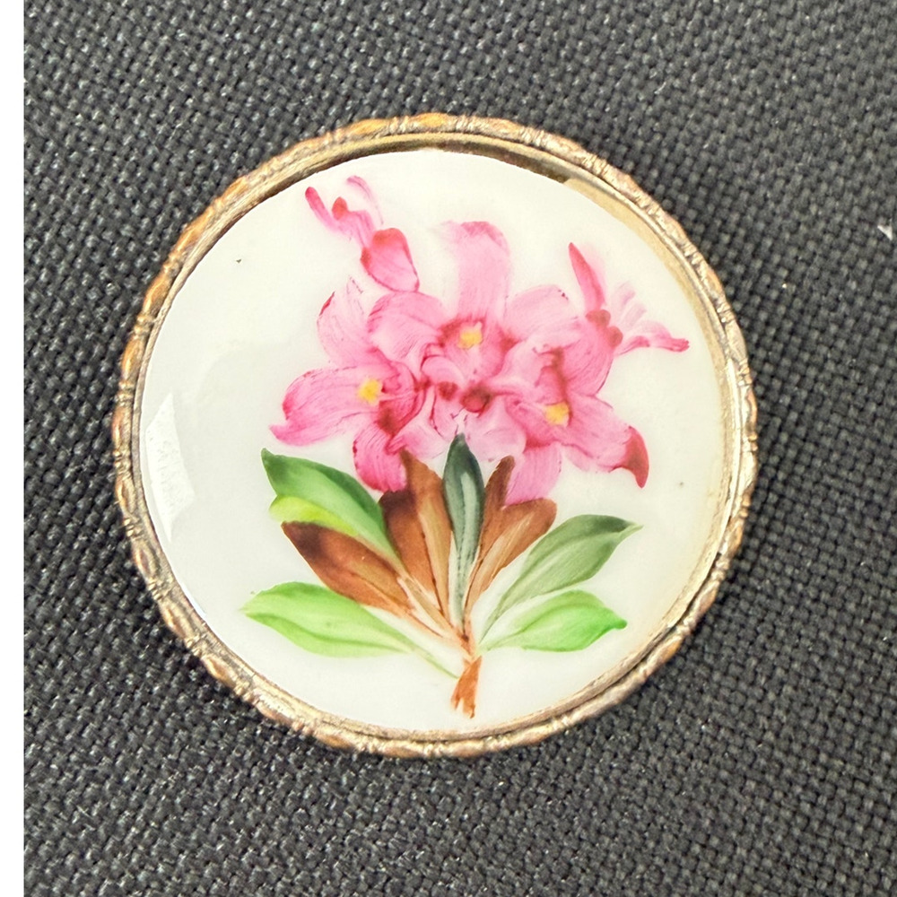 Antique Rosenthal Handmalerei München Porcelain Brooch Pink Floral Spray